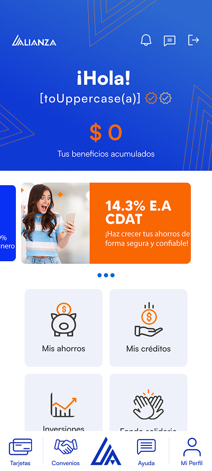 Alianza mobile banking app — home screen built by Zerocode
